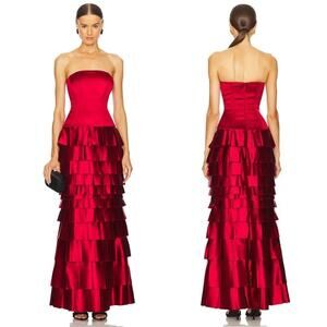 NBD | Echo Gown in Red Satin Drop Waist Strapless Tiered Layered Maxi Dress XS